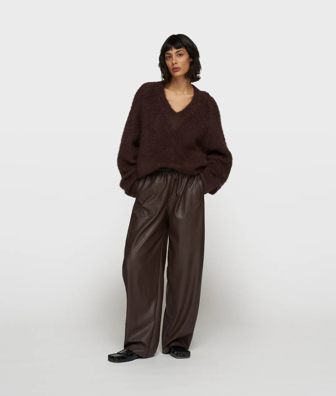 V-Neck Knit Sweater-deep wine