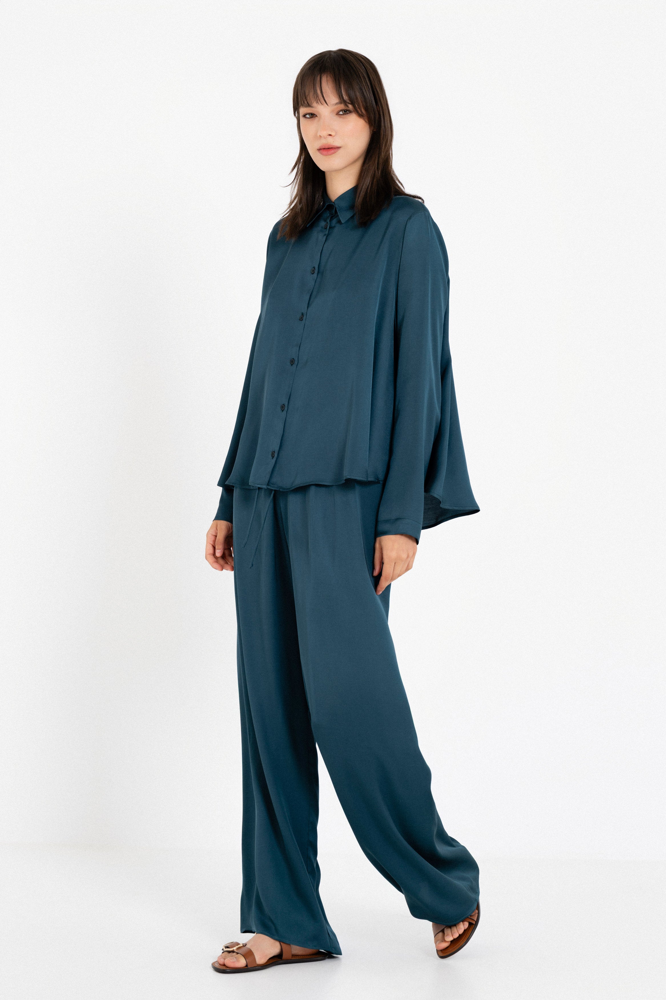 Satin Long Sleeve Shirt Blue