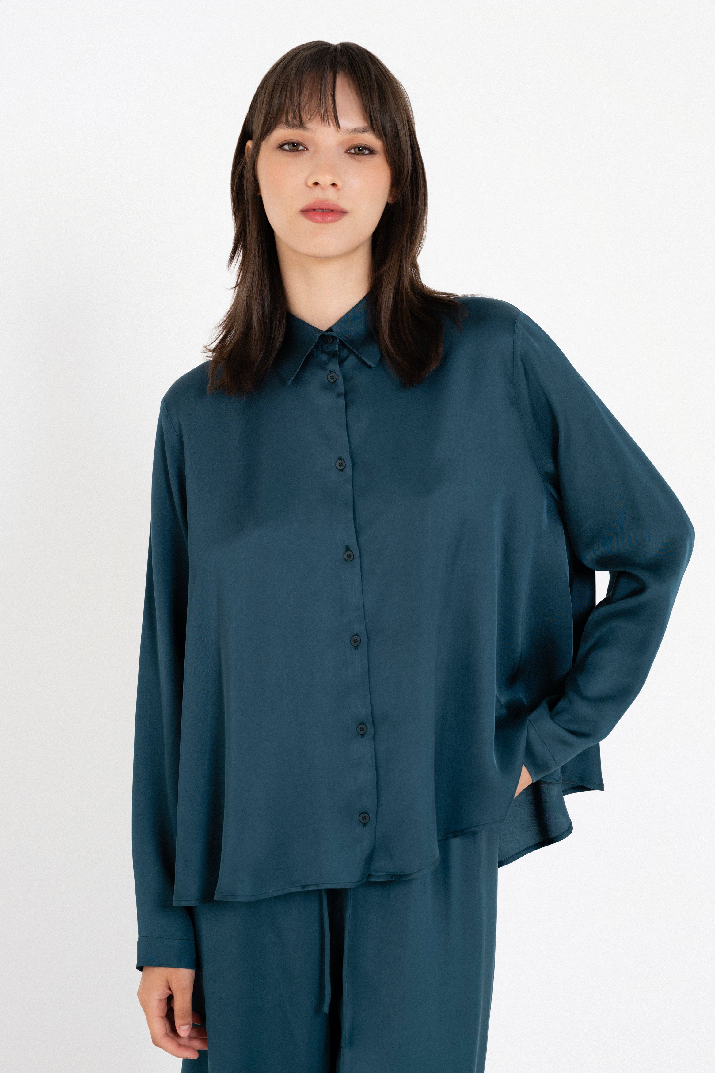 Satin Long Sleeve Shirt Blue