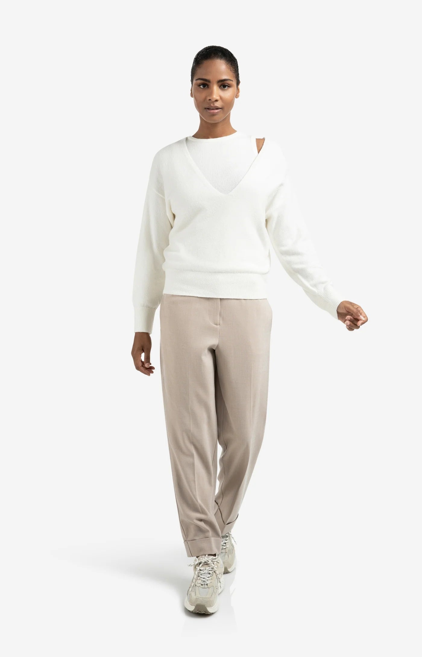 Strickpullover mit V-Ausschnitt-offwhite knit melange