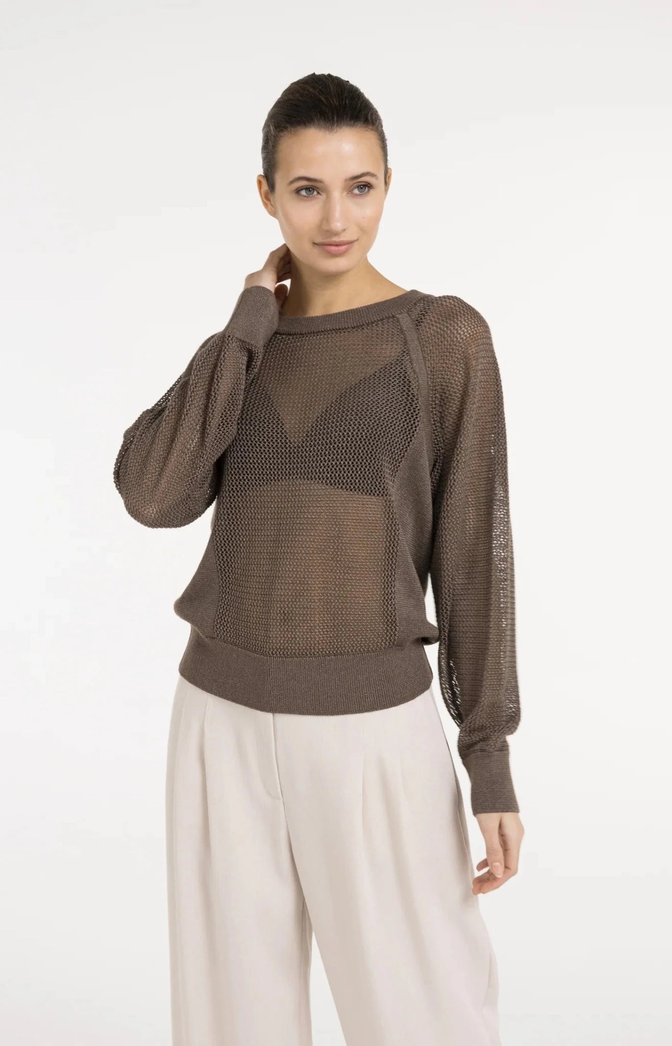 Strickpullover in Netzoptik mit Raglanärmeln Washed Brown - Dein Lieblingsladen Concept