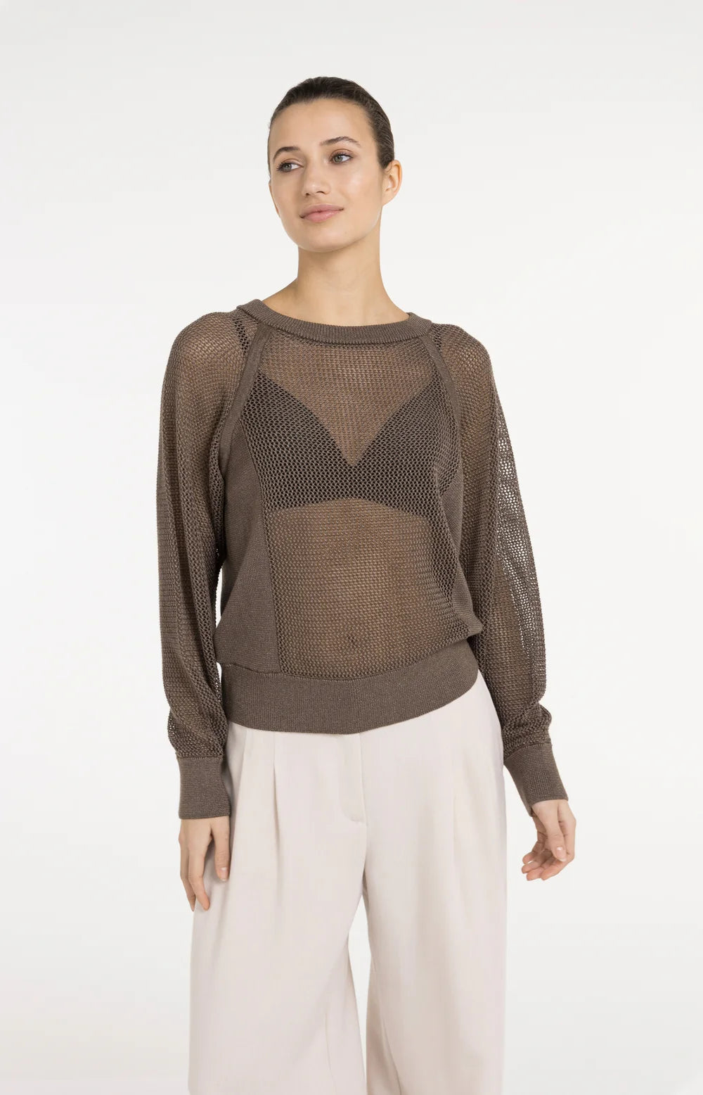 Strickpullover in Netzoptik mit Raglanärmeln Washed Brown