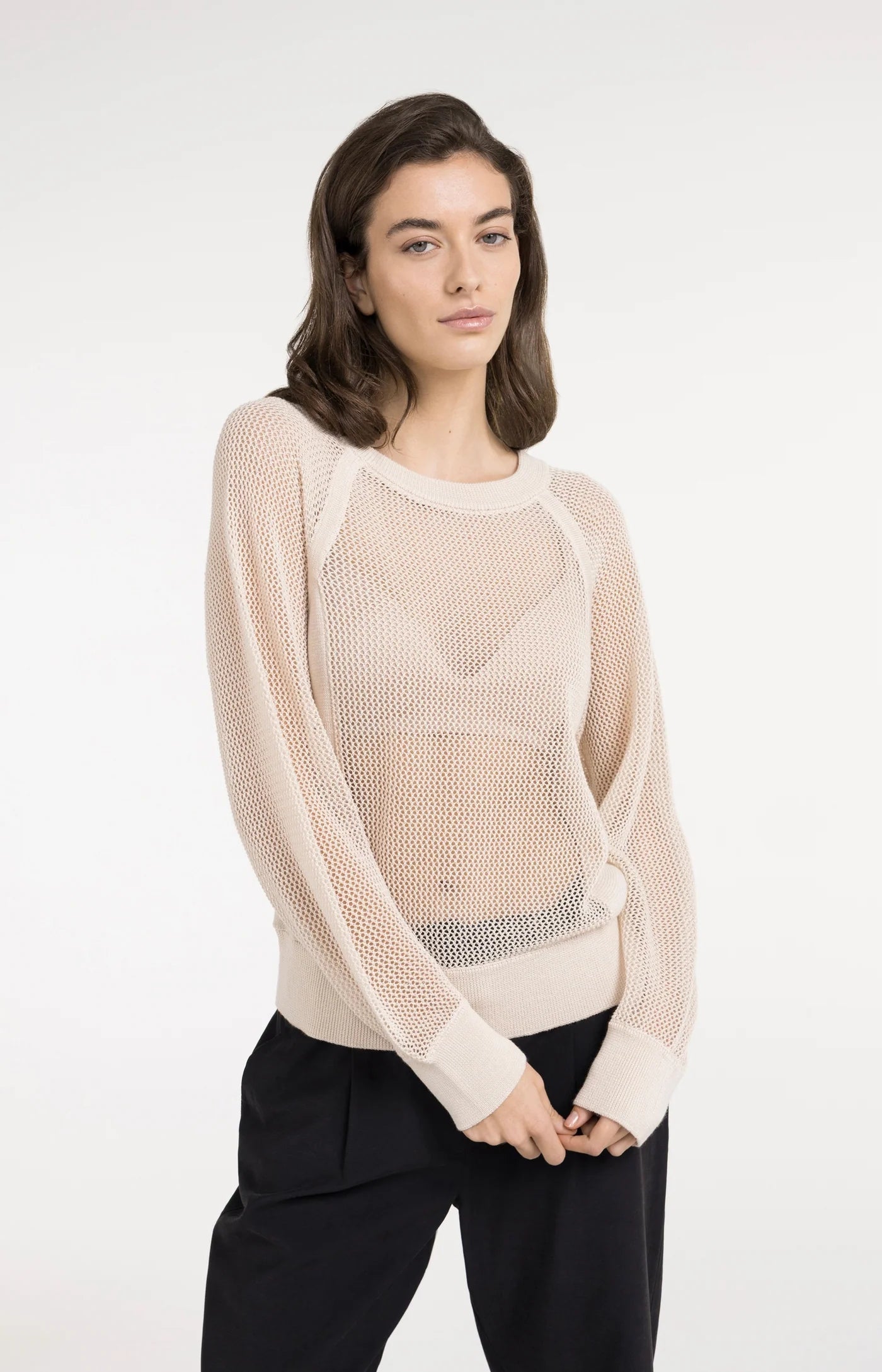 Strickpullover in Netzoptik mit Raglanärmeln Cloud Creme White
