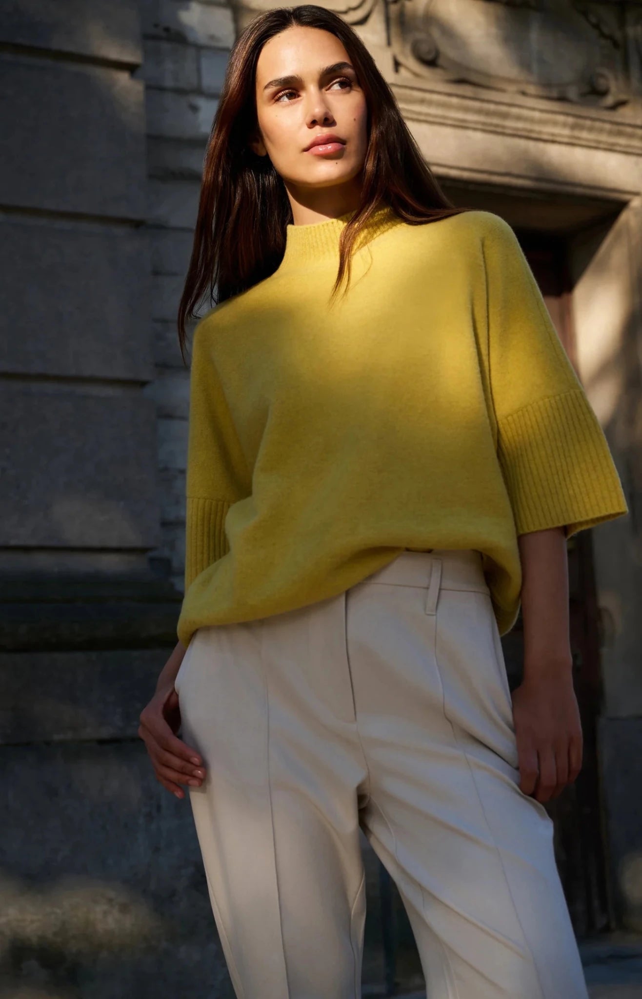 Pullover mit gerippten 3/4 Ärmeln und Stehkragen - dried moss green melange - Dein Lieblingsladen Concept