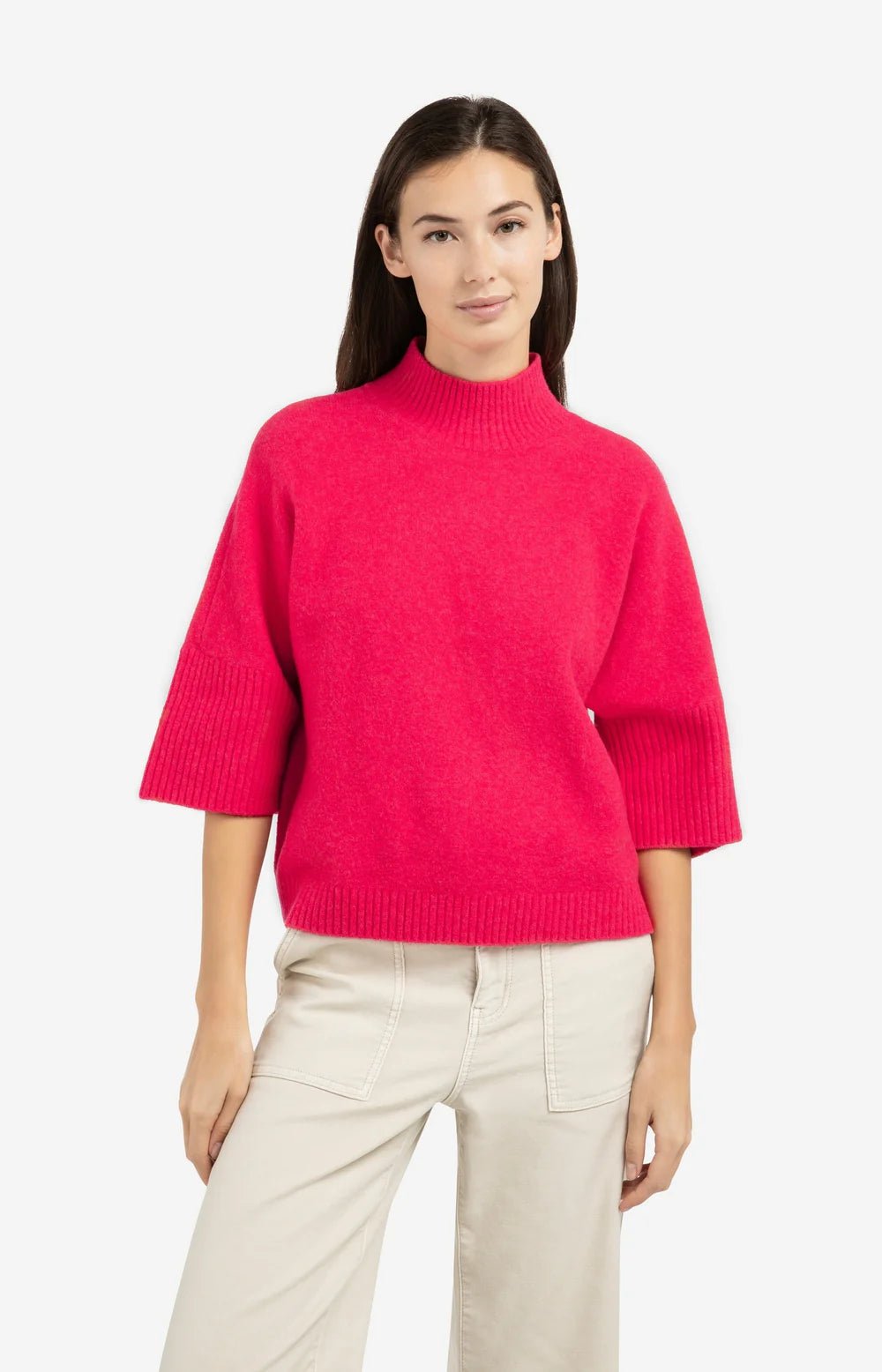 Pullover mit gerippten 3/4 Ärmeln und Stehkragen - rose red melange - Dein Lieblingsladen Concept