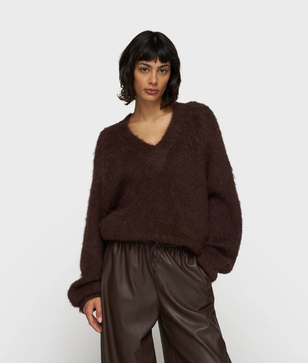 V-Neck Knit Sweater-deep wine