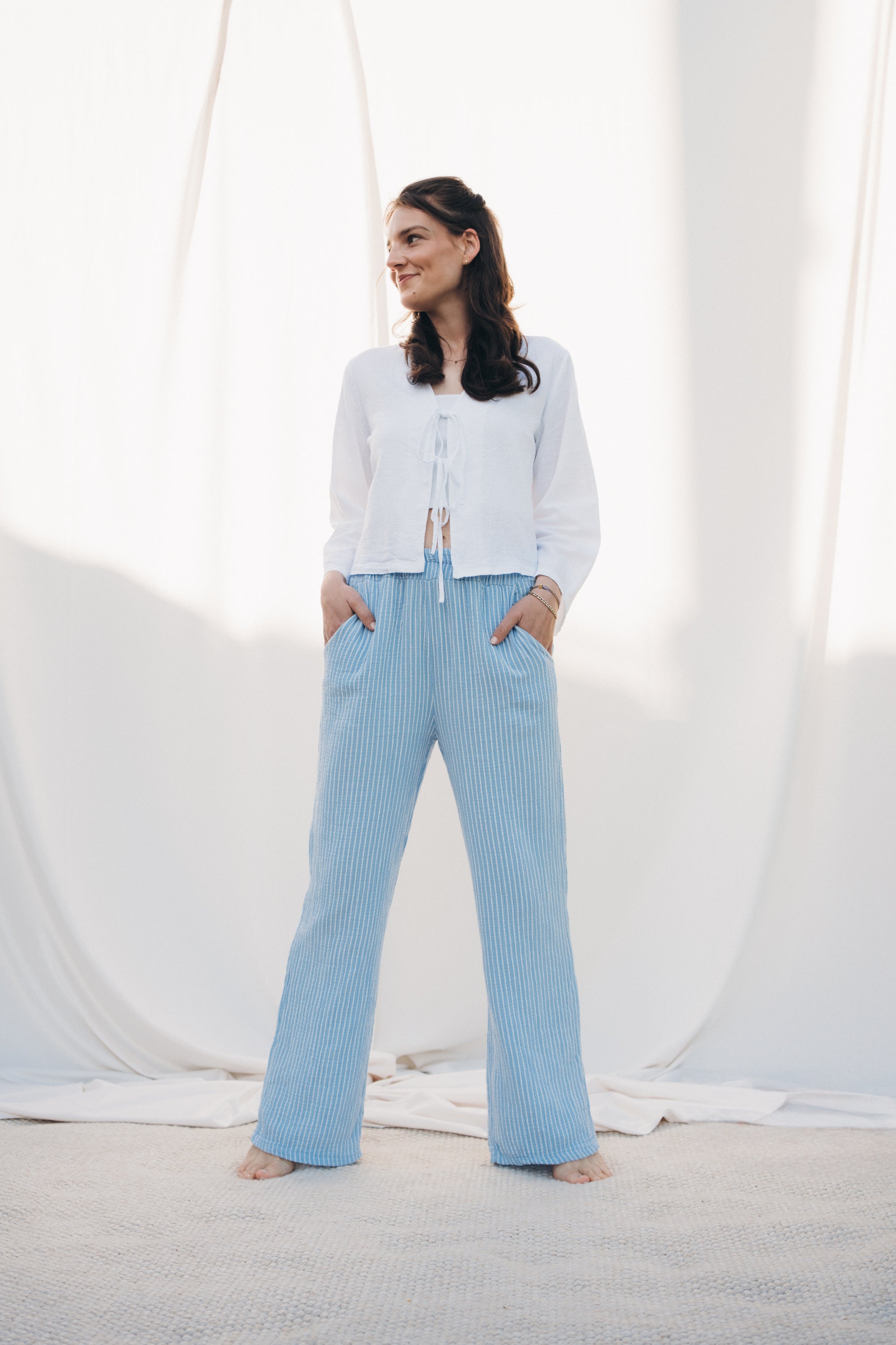 Gestreifte Musselinhose "MarieDLL" light blue/white