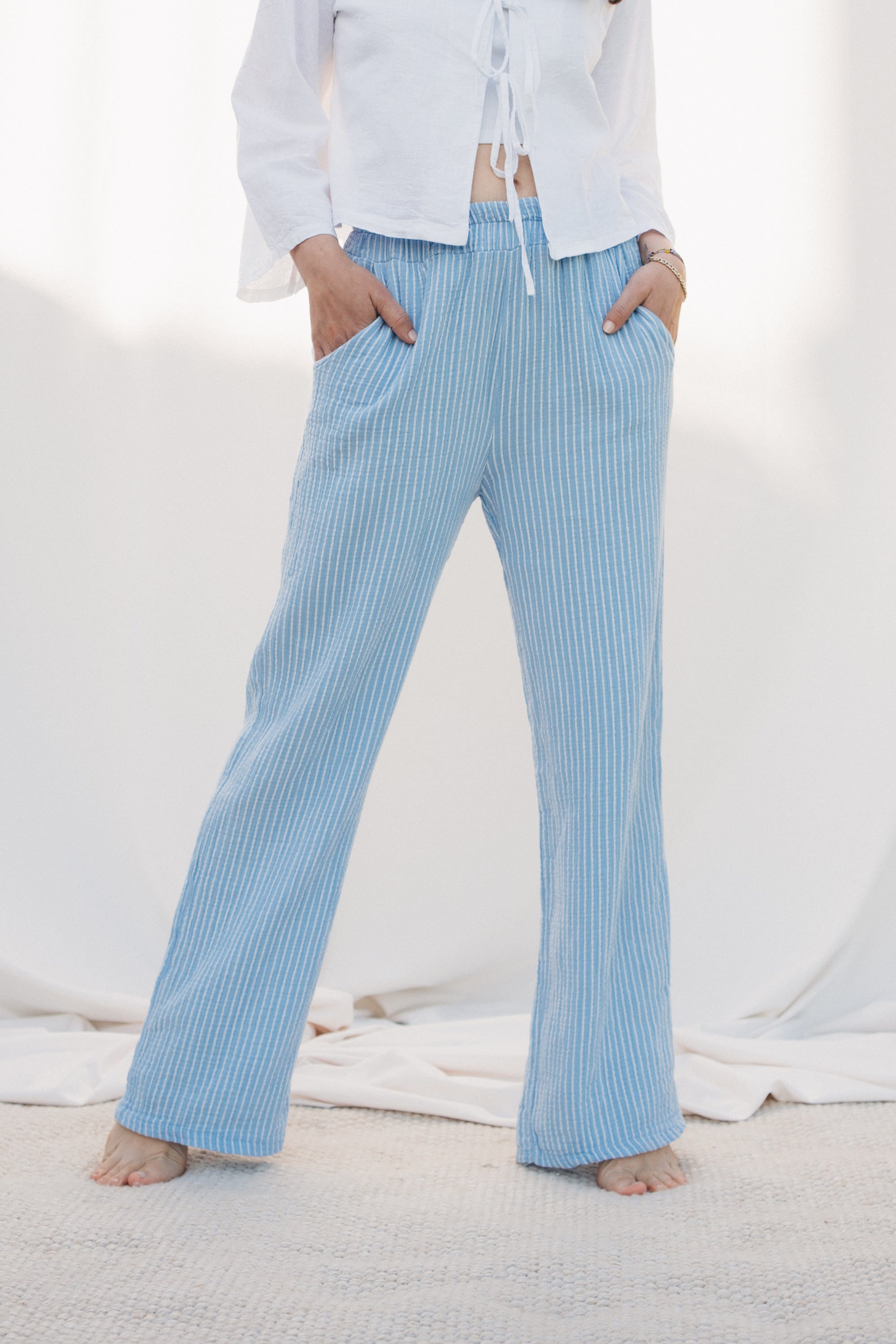 Gestreifte Musselinhose "MarieDLL" light blue/white