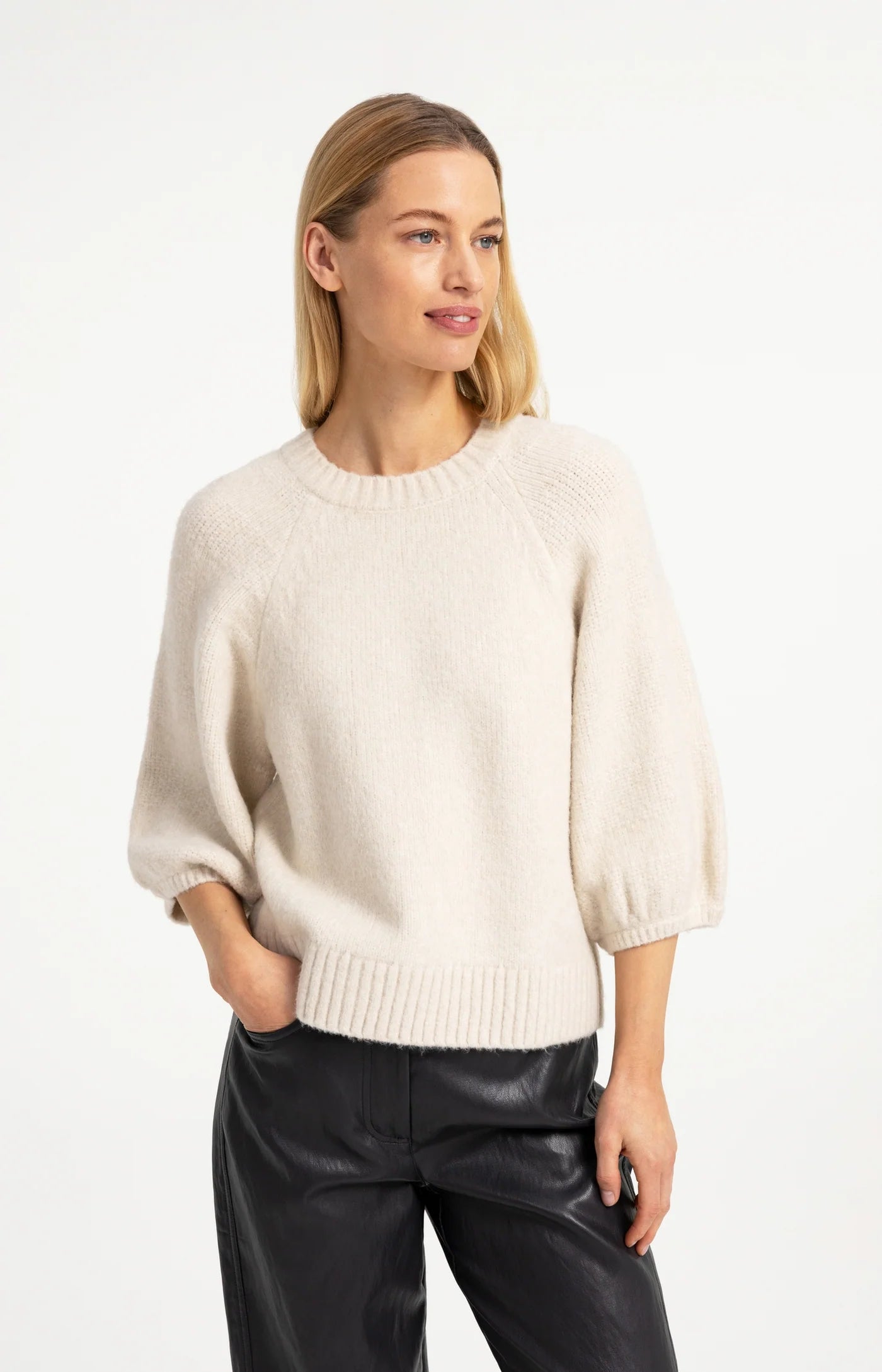 Strickpullover mit Ballonärmeln offwhite melange