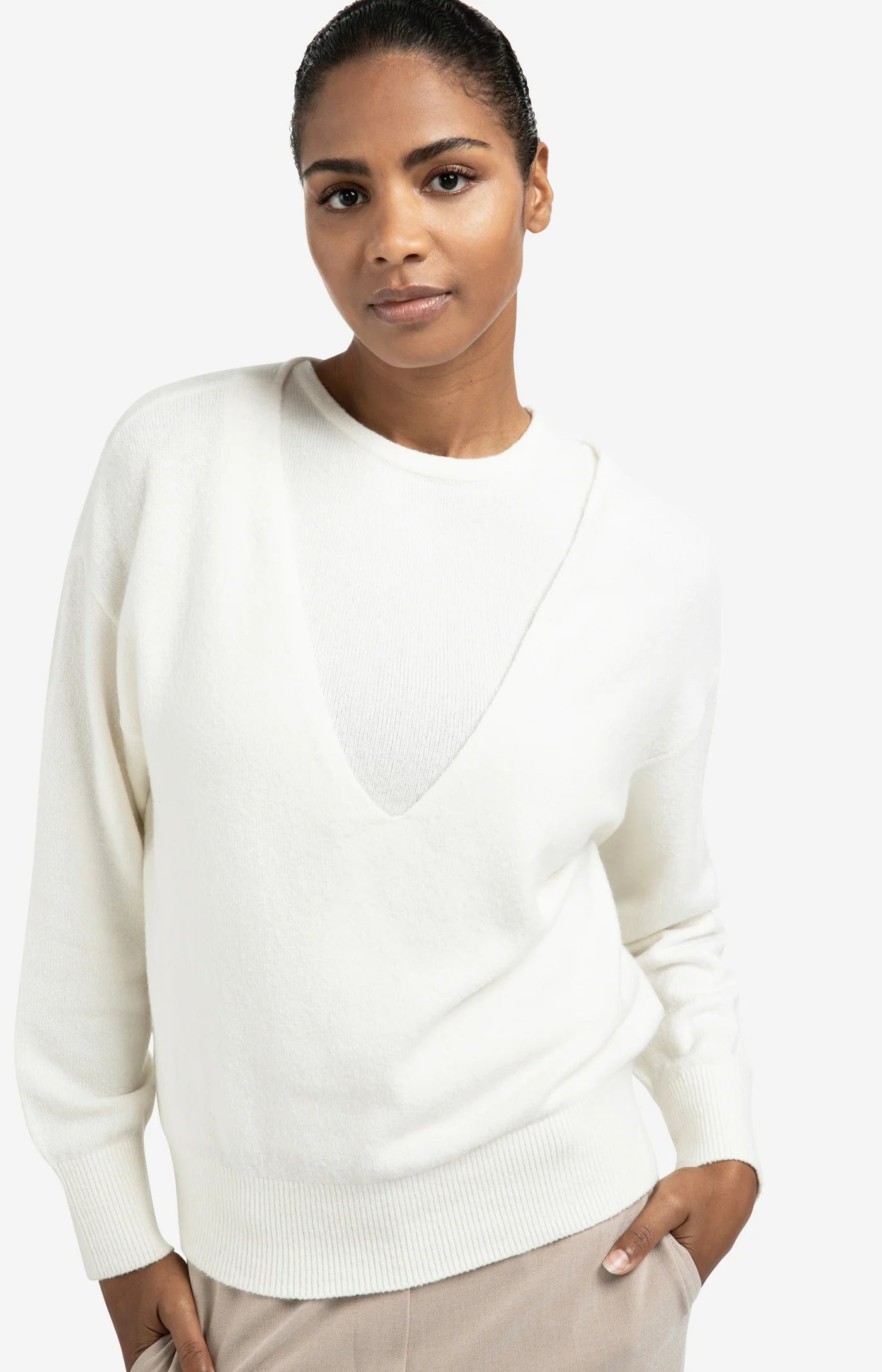 Strickpullover mit V-Ausschnitt-offwhite knit melange