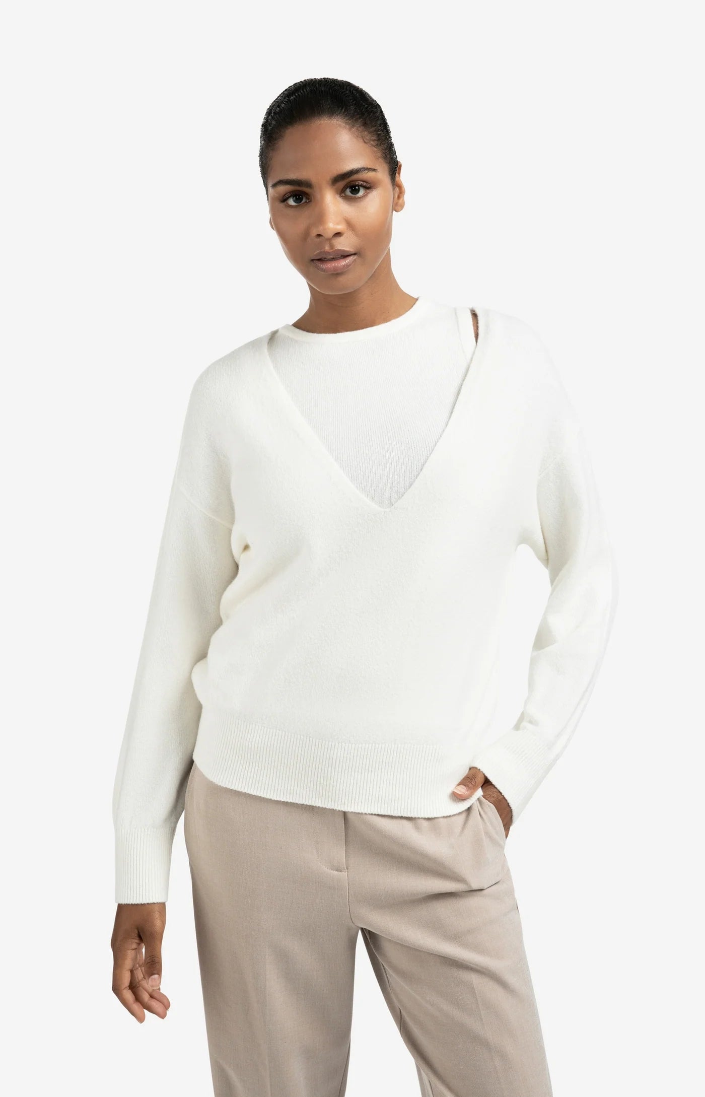 Strickpullover mit V-Ausschnitt-offwhite knit melange