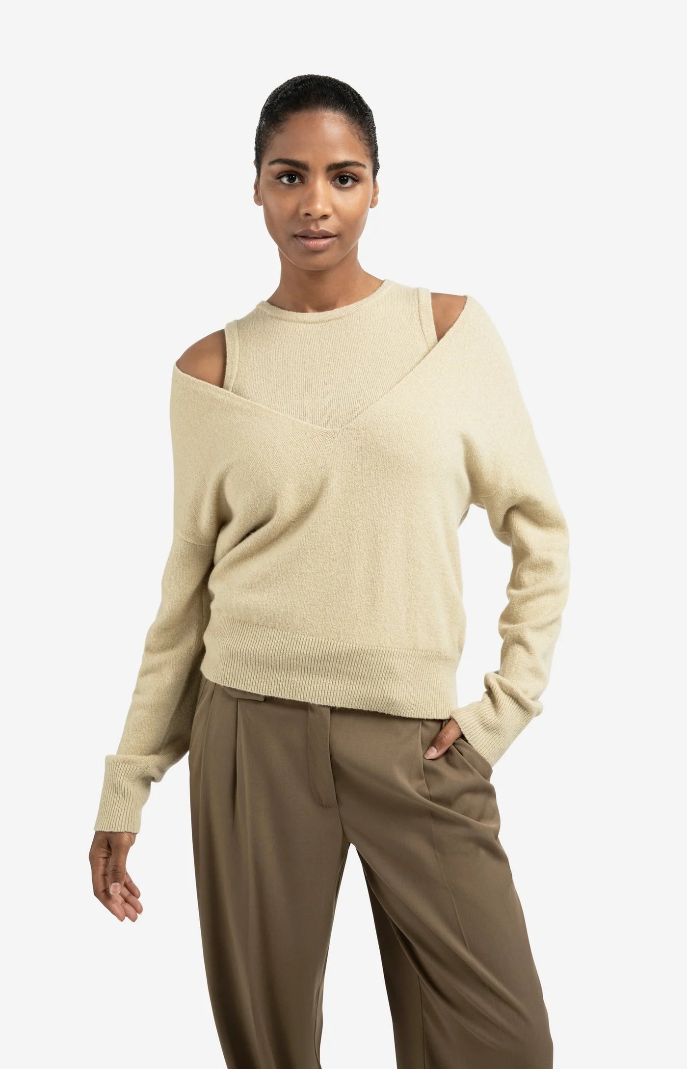 Strickpullover mit V-Ausschnitt-pale olive green melange