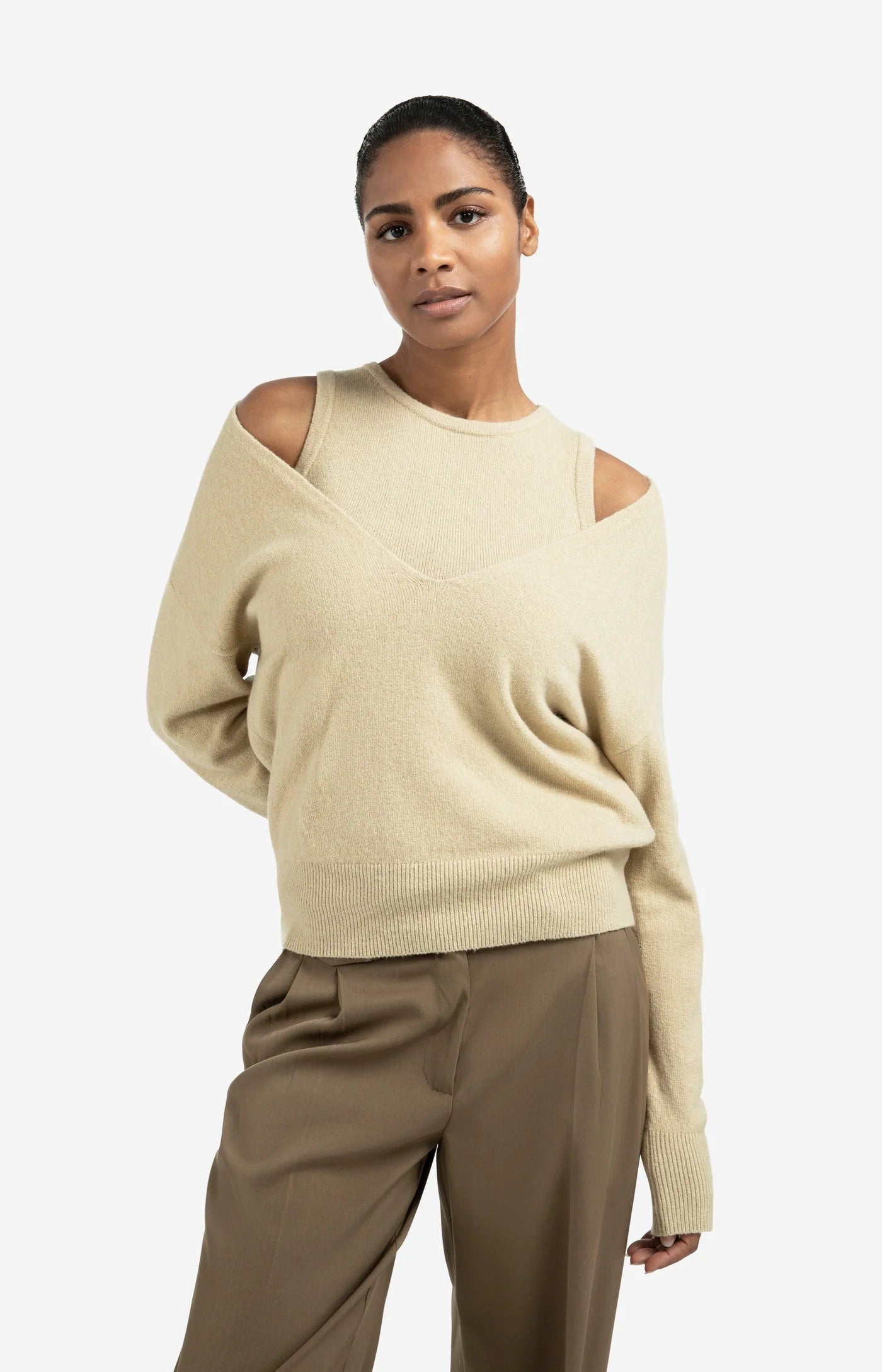 Strickpullover mit V-Ausschnitt-pale olive green melange