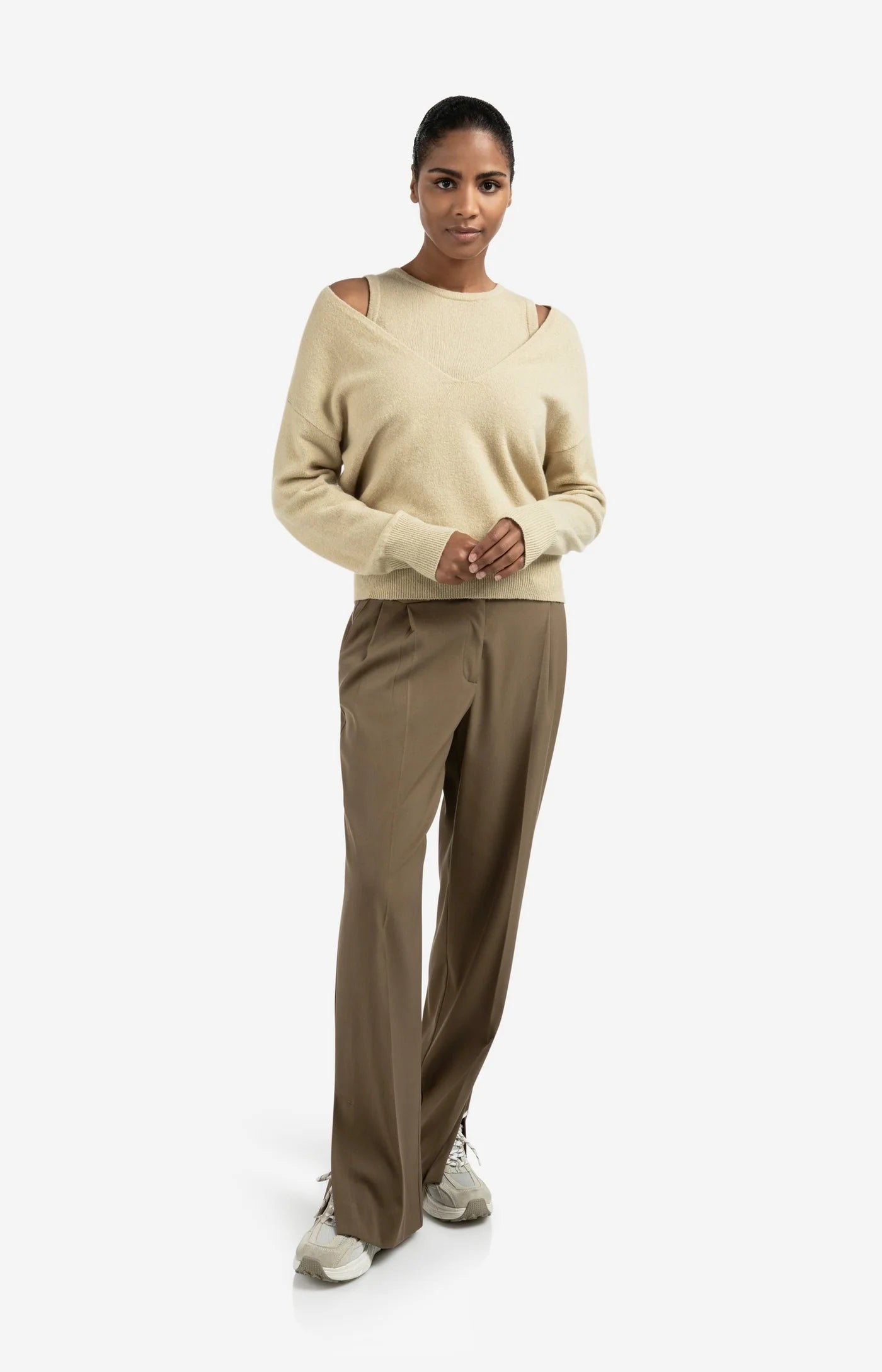 Strickpullover mit V-Ausschnitt-pale olive green melange