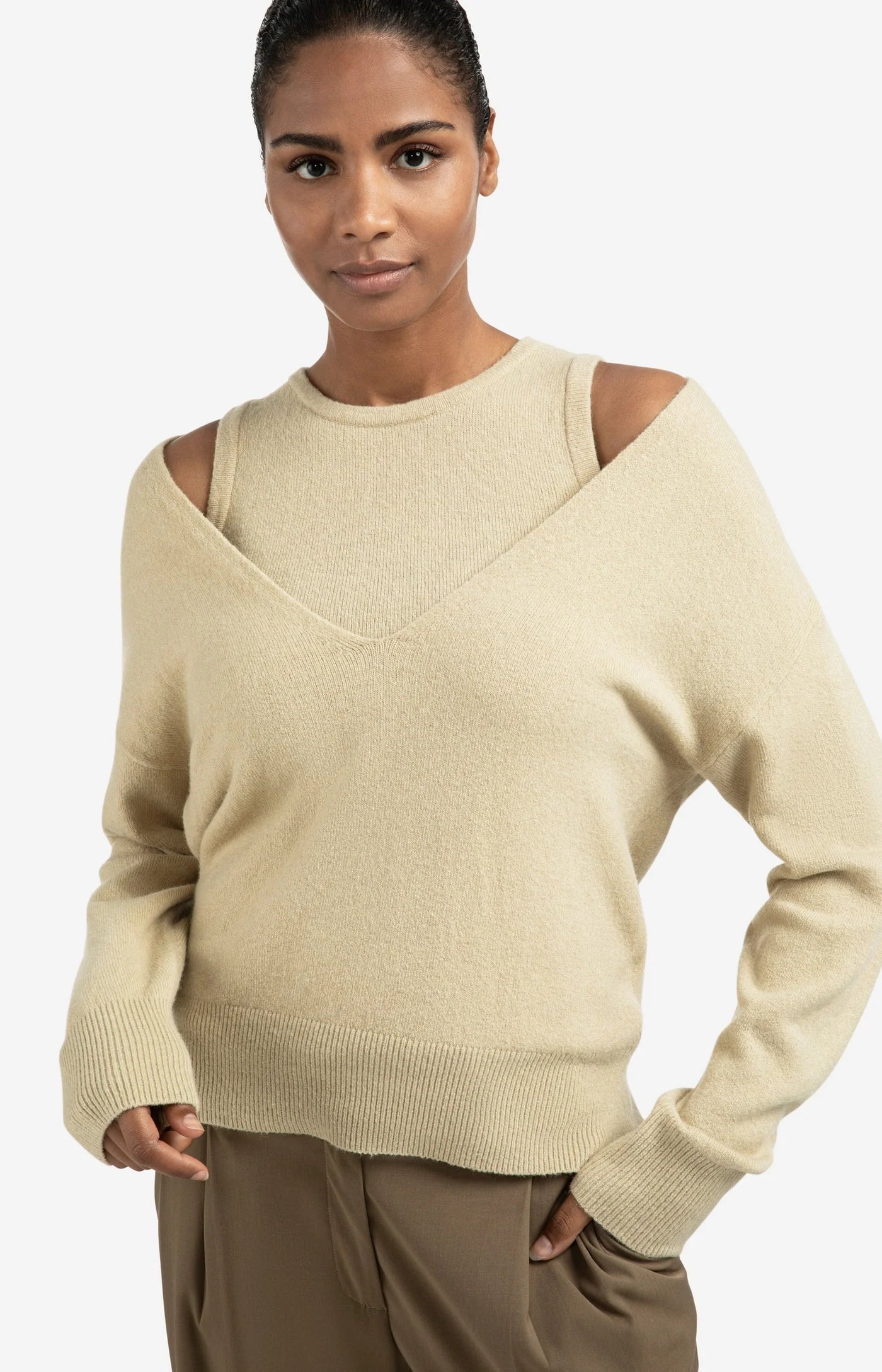 Strickpullover mit V-Ausschnitt-pale olive green melange