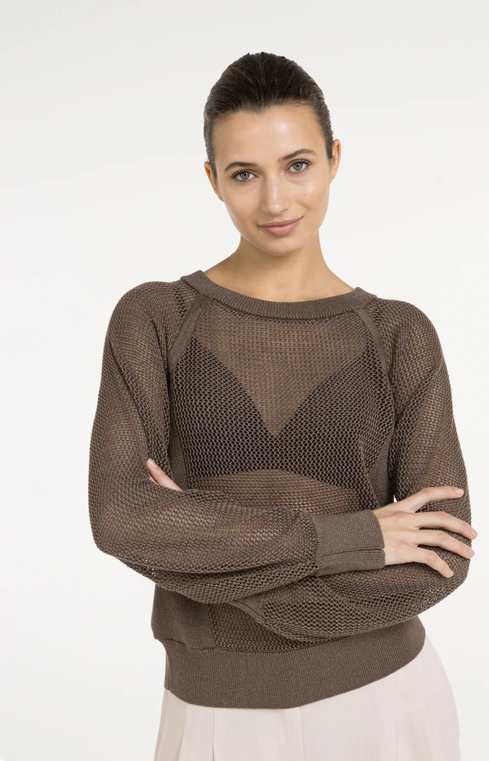 Strickpullover in Netzoptik mit Raglanärmeln Washed Brown