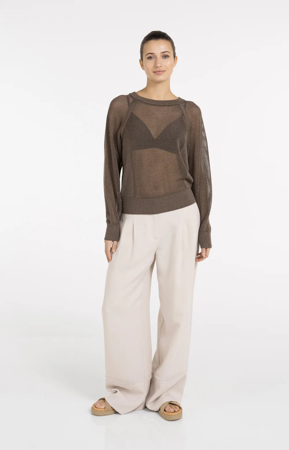 Strickpullover in Netzoptik mit Raglanärmeln Washed Brown