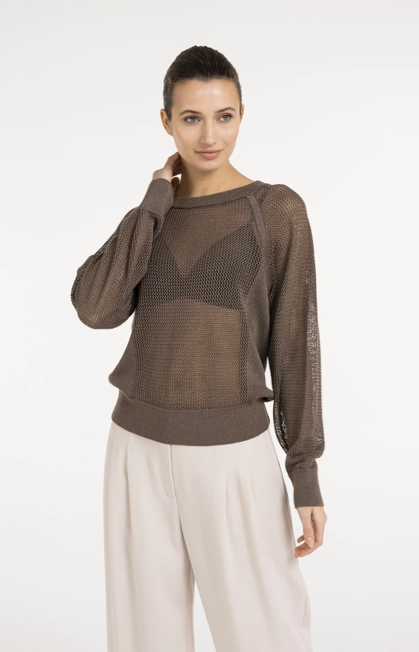 Strickpullover in Netzoptik mit Raglanärmeln Washed Brown