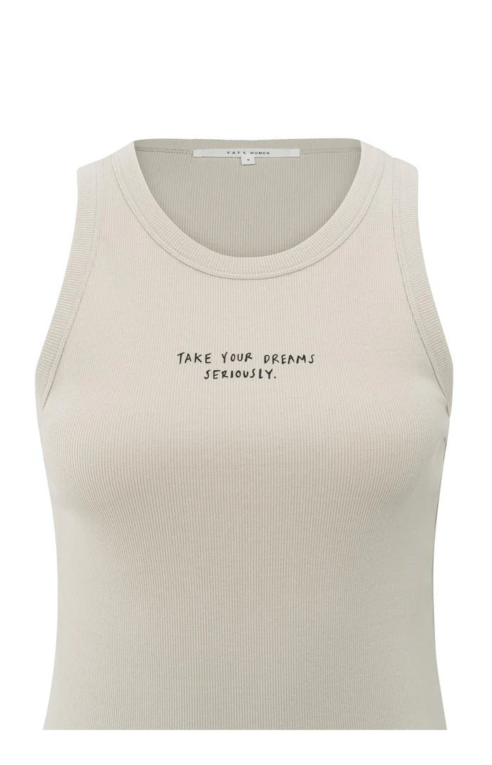 Geripptes ärmelloses Oberteil mit Print-silver lining beige