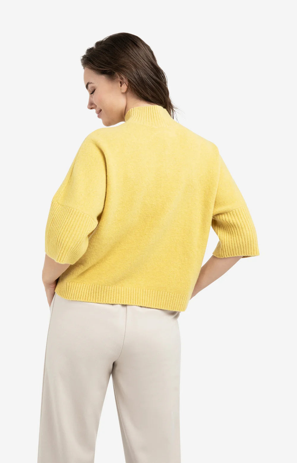 Pullover mit gerippten 3/4 Ärmeln und Stehkragen-dried moss green melange