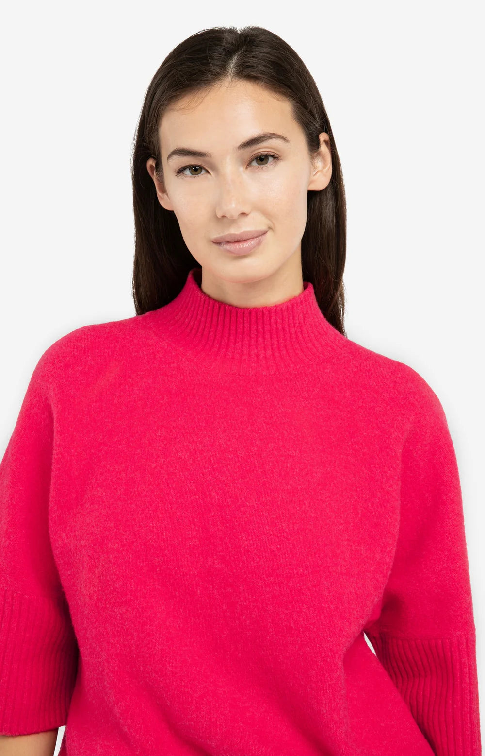 Pullover mit gerippten 3/4 Ärmeln und Stehkragen-rose red melange