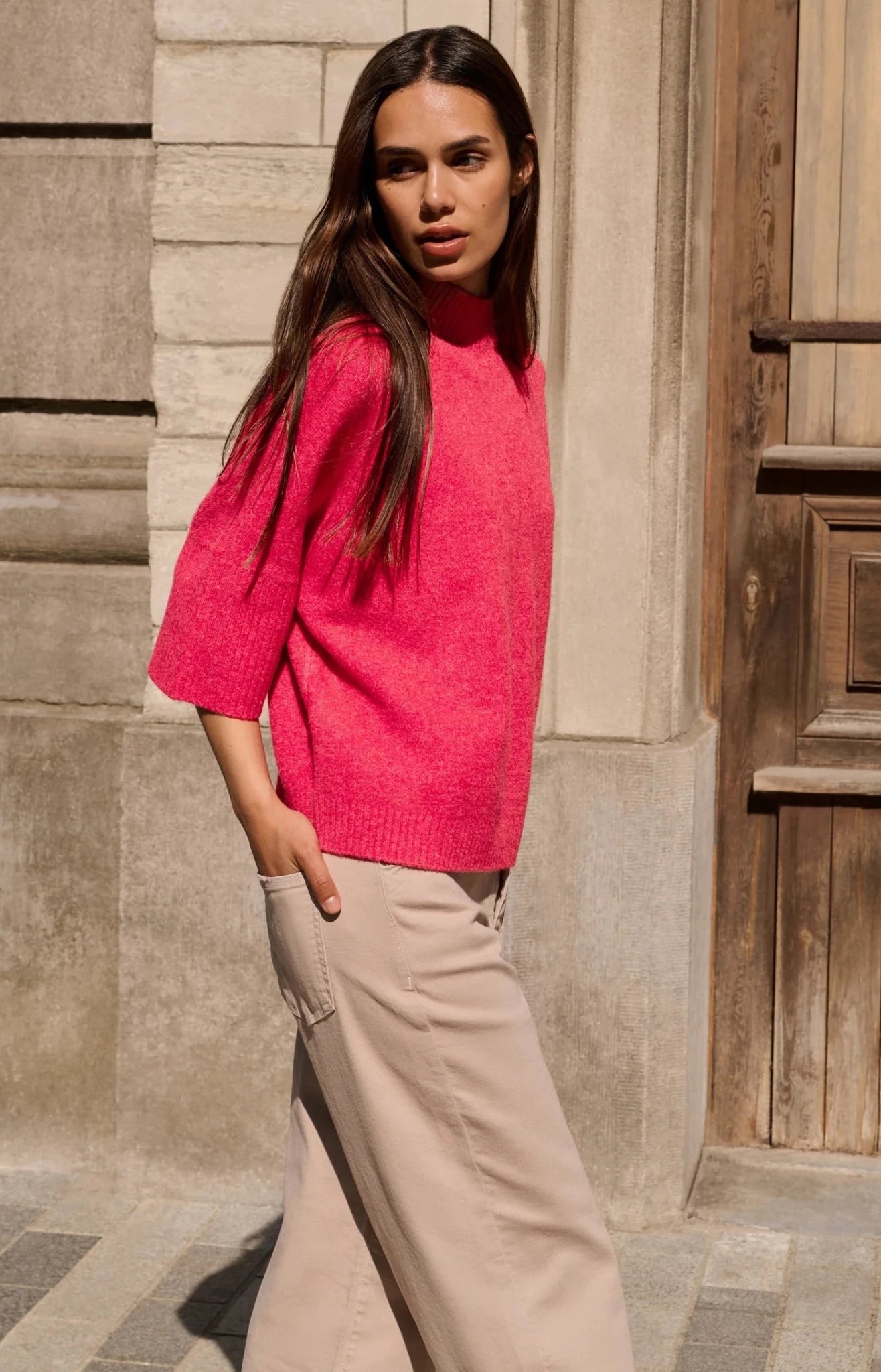 Pullover mit gerippten 3/4 Ärmeln und Stehkragen - rose red melange - Dein Lieblingsladen Concept